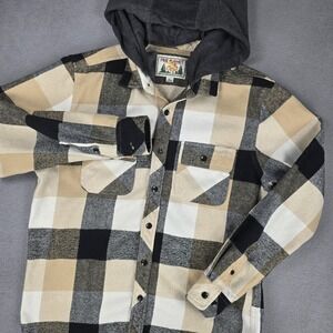Free Planet‎ Shirt Jacket Mens Large Tan Black Plaid Flannel Button Front Hooded